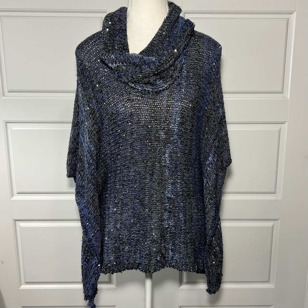 INC International Concepts Sheer Blue Sparkle‎ Knit Cowl Neck Poncho Sweater S/M